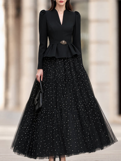 Crystal-Embellished Peplum Blazer And Tulle Maxi Skirt Set
