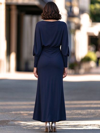 Cowl-Neck Cutout Sleeve Ruched Maxi Dress