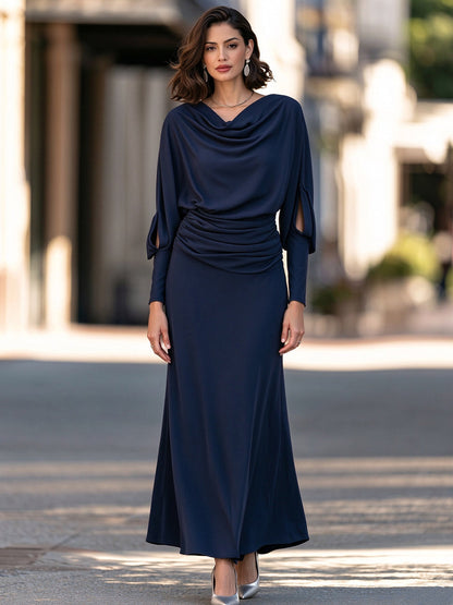 Cowl-Neck Cutout Sleeve Ruched Maxi Dress