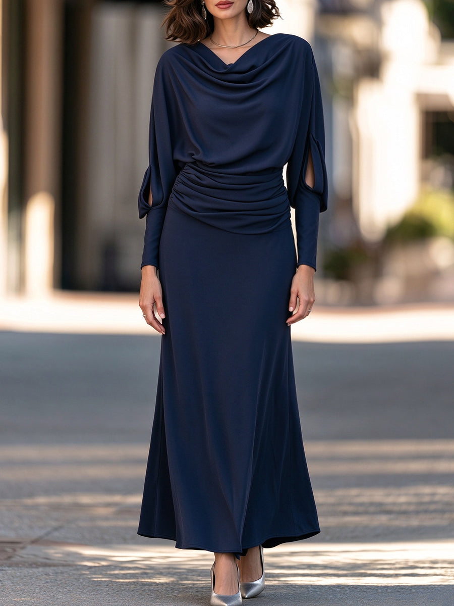 Cowl-Neck Cutout Sleeve Ruched Maxi Dress