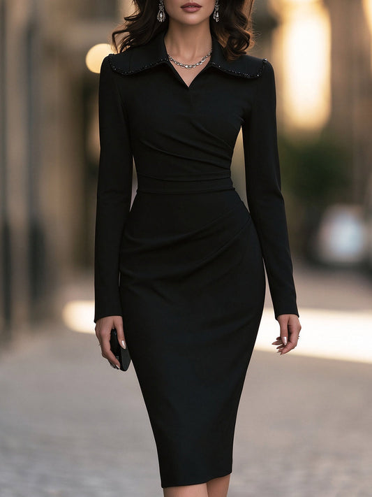 Sequin-Trimmed Lapel Collar Ruched Midi Sheath Dress