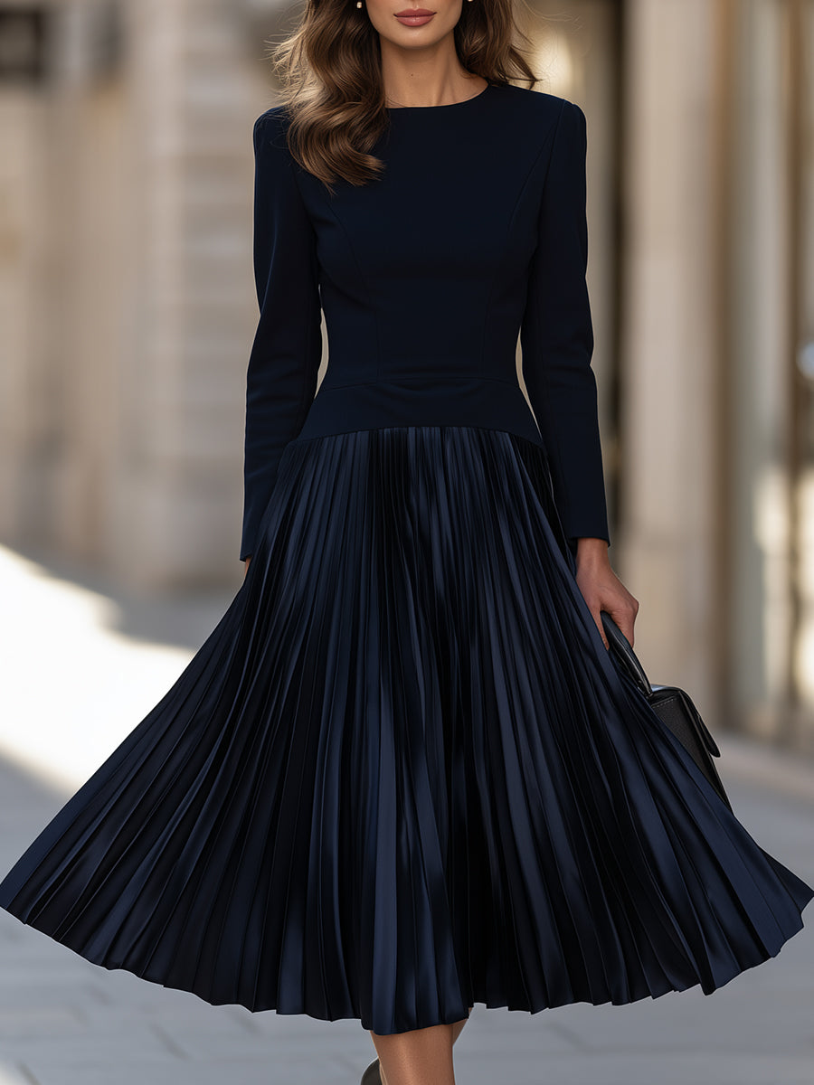 Long-Sleeve Pleated Fit-and-Flare Midi Dress