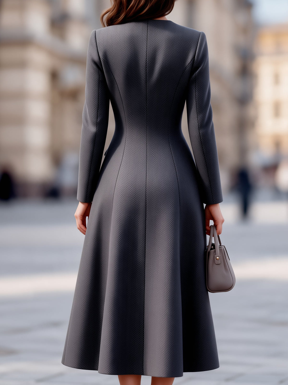 Herringbone Button-Front Woolen A-Line Midi Coat Dress