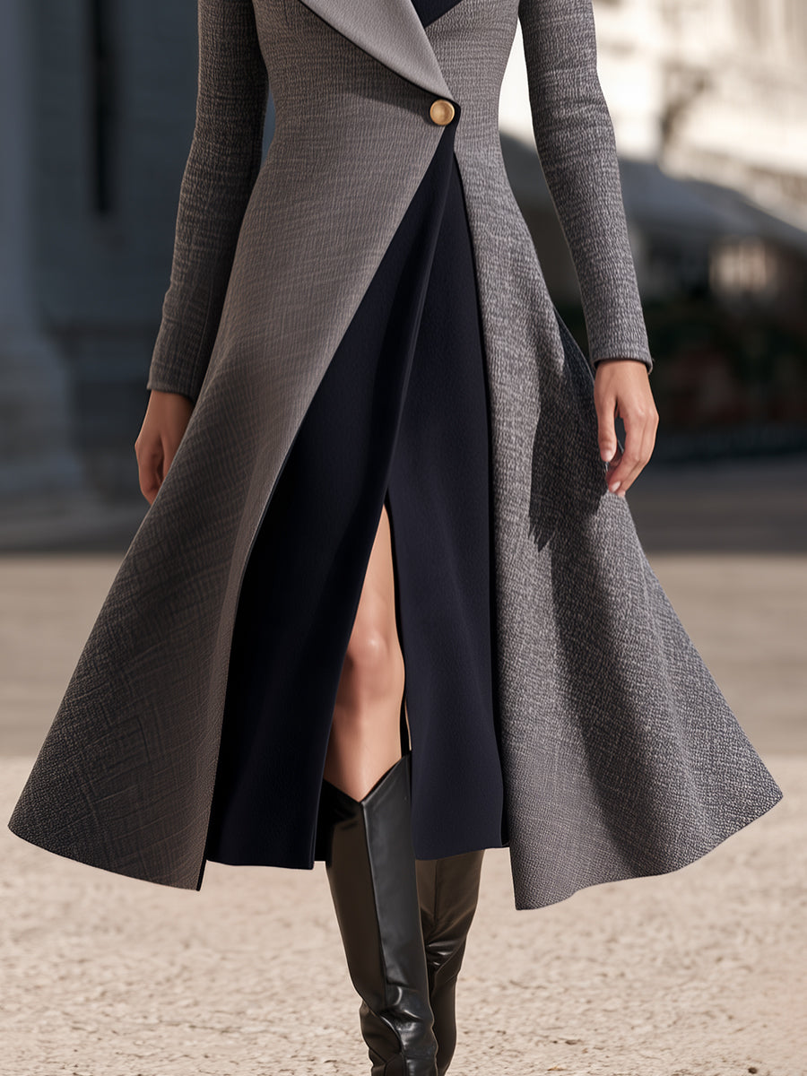 Contrast-Lapel Single-Button Coat Dress