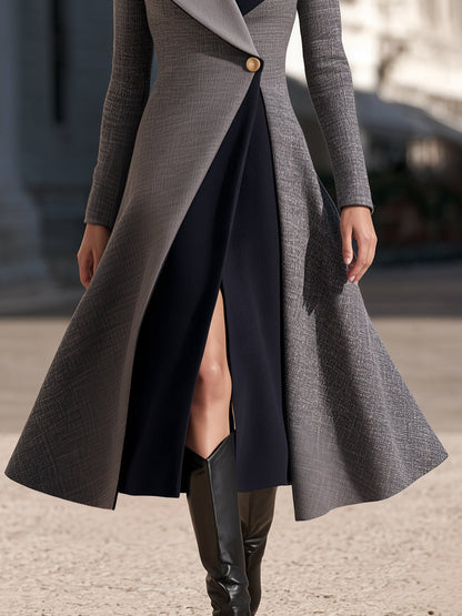 Contrast-Lapel Single-Button Coat Dress