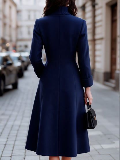 Double-Breasted High Neck Woolen Long Coat