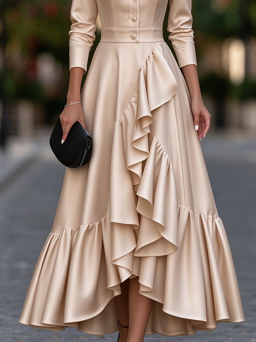 Satin Button-Front Ruffle Maxi Shirt Dress
