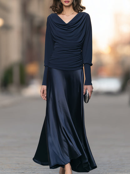 Cowl-Neck Ruched Top And Satin Maxi Skirt Two-Piece Set