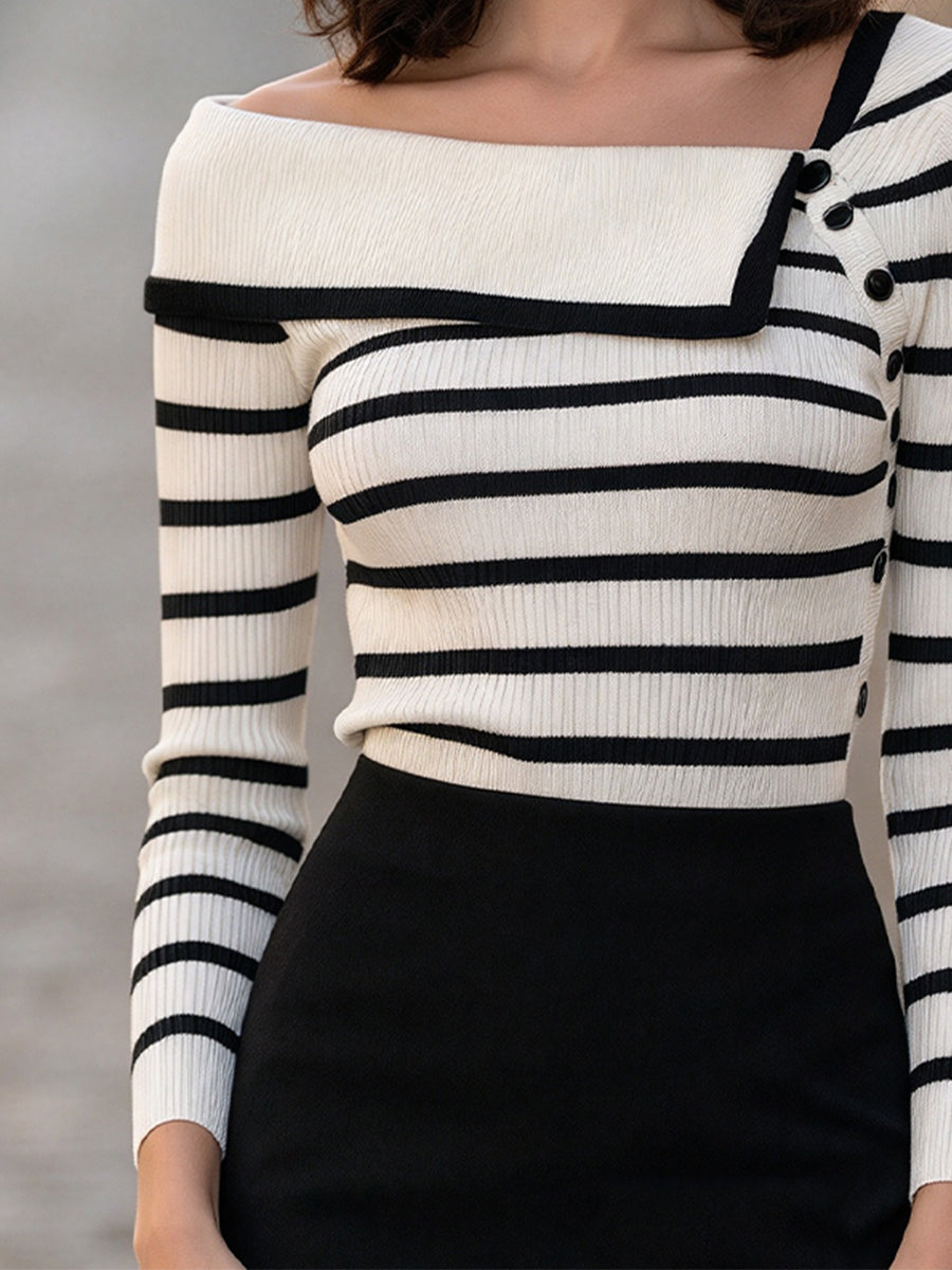 Asymmetric One Shoulder Striped Ribbed Knit Sweater