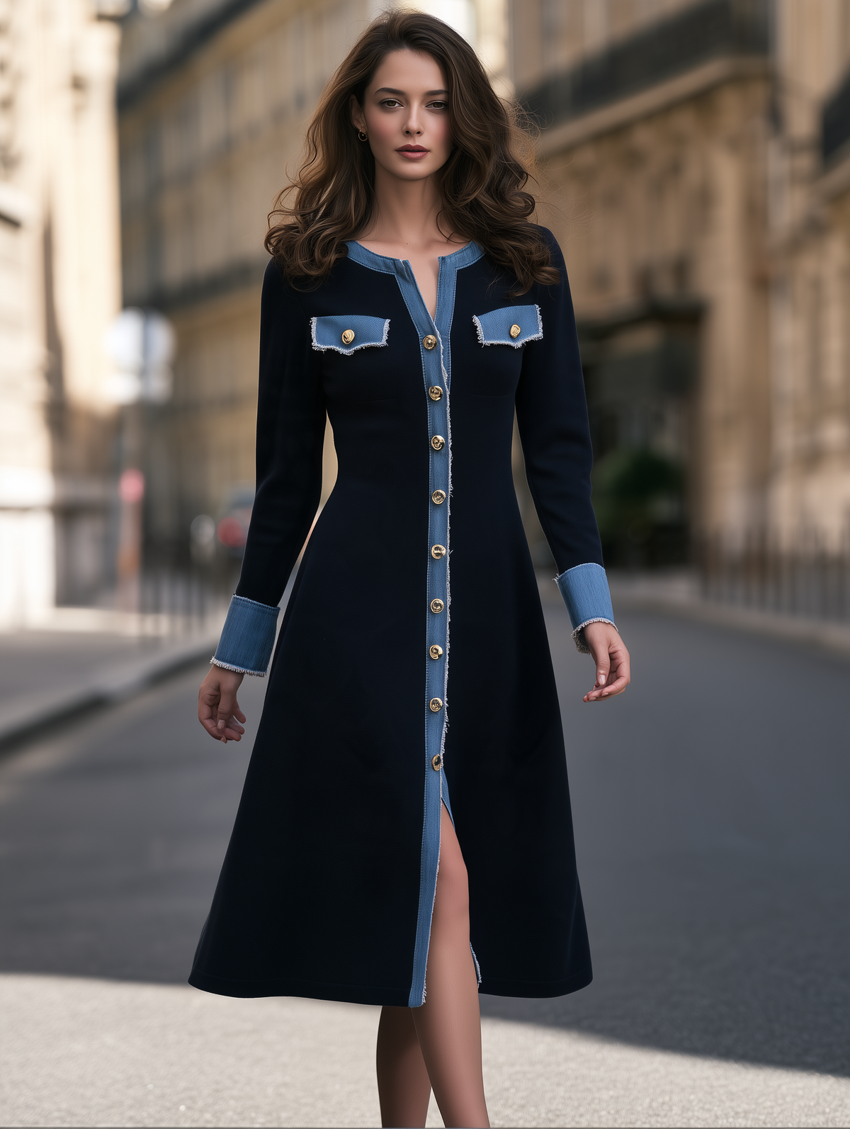 Denim-Trim Button-Front Midi Dress