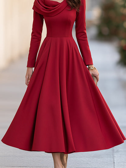Elegant Draped Cowl Neck Fit-and-Flare Midi Dress