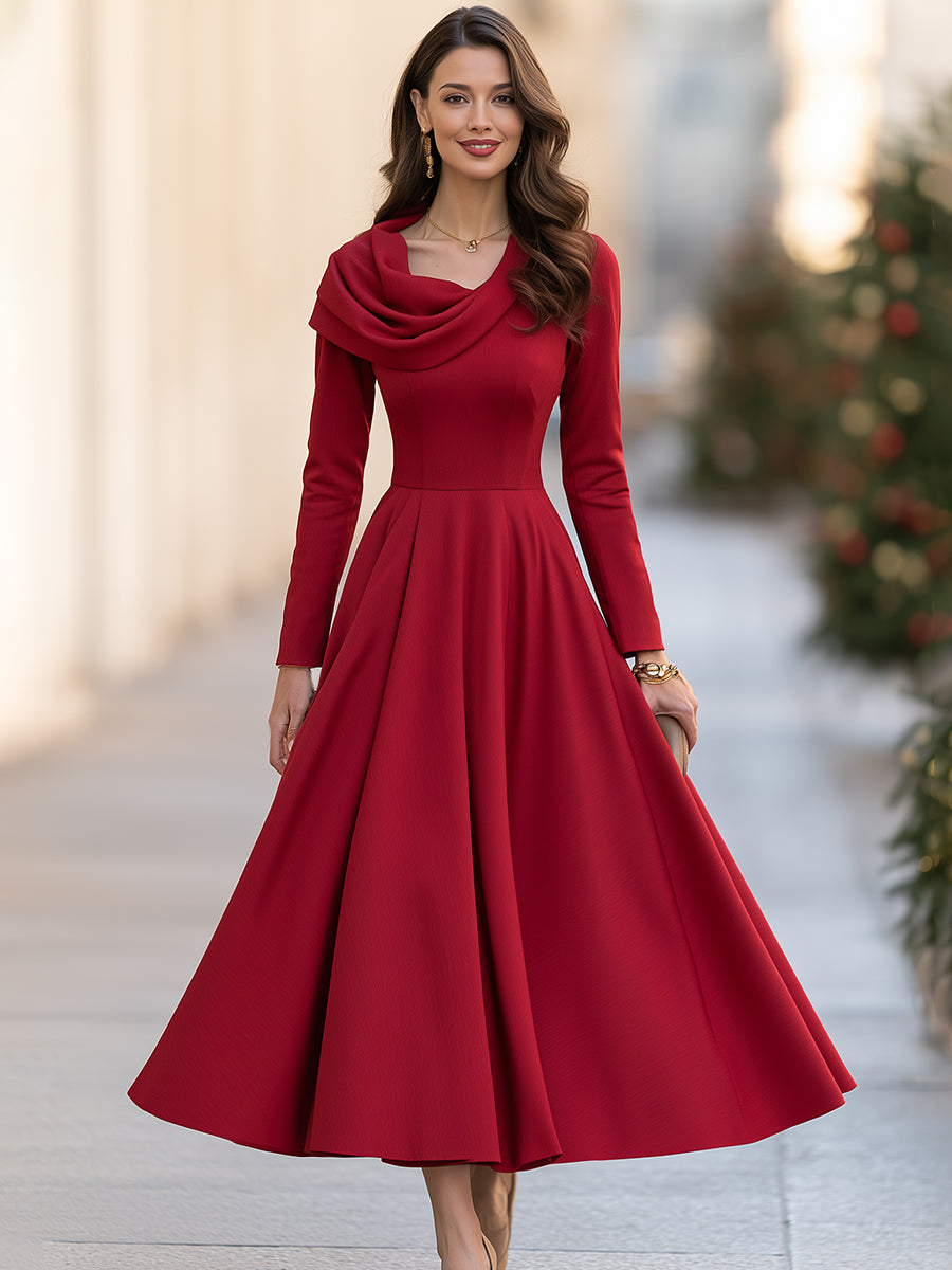 Elegant Draped Cowl Neck Fit-and-Flare Midi Dress