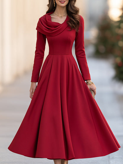 Elegant Draped Cowl Neck Fit-and-Flare Midi Dress