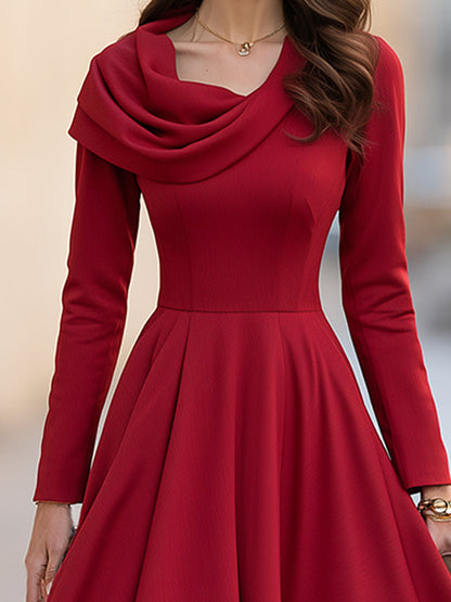 Elegant Draped Cowl Neck Fit-and-Flare Midi Dress