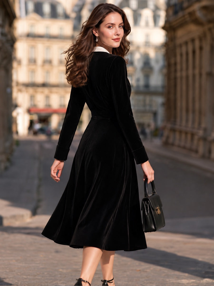 Contrast-Lapel Velvet Wrap Midi Dress