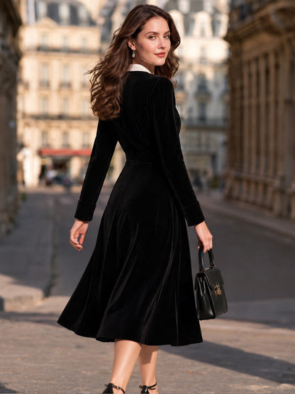 Contrast-Lapel Velvet Wrap Midi Dress