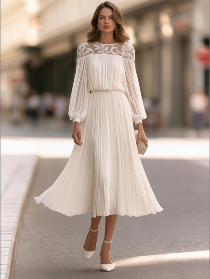 Lace Yoke Pleated Maxi Dress With Balloon Sleeves