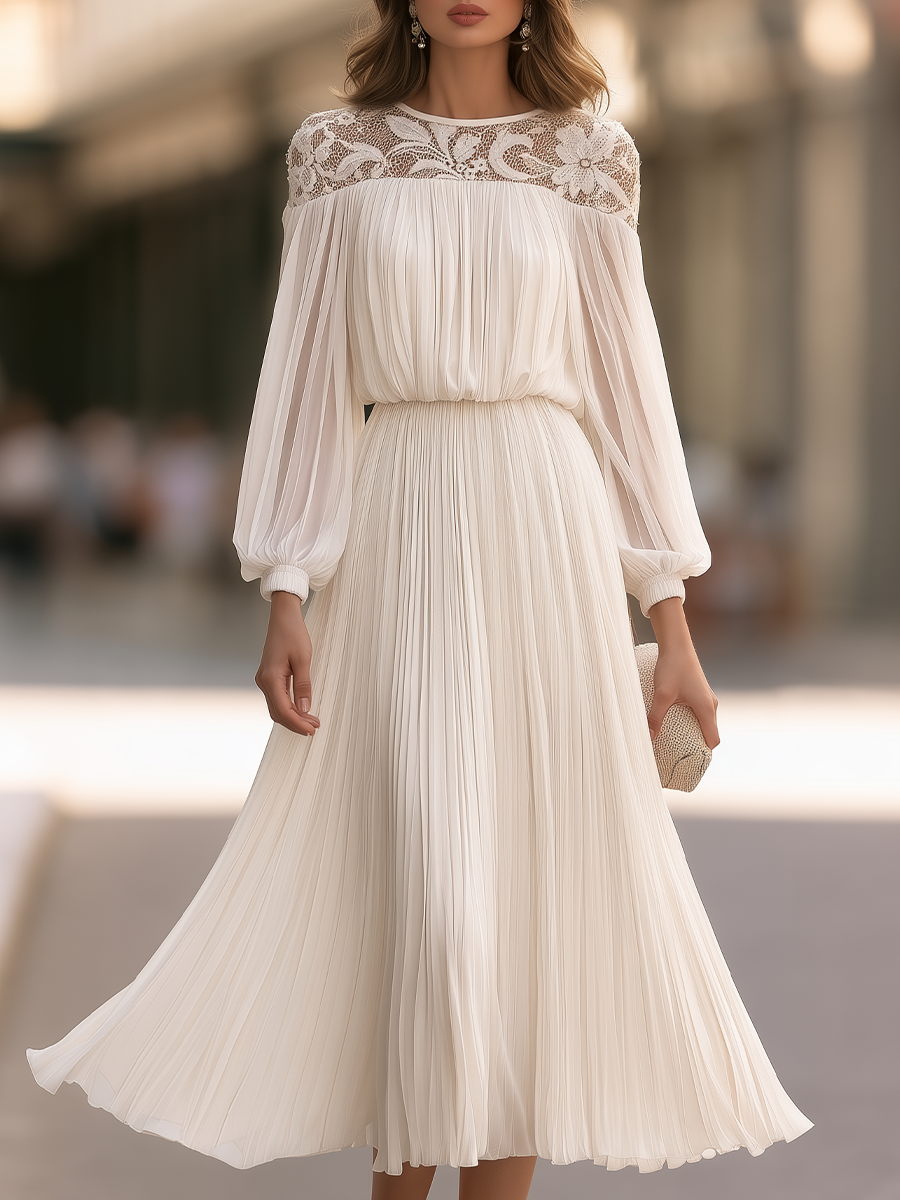 Lace Yoke Pleated Maxi Dress With Balloon Sleeves