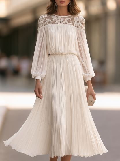 Lace Yoke Pleated Maxi Dress With Balloon Sleeves