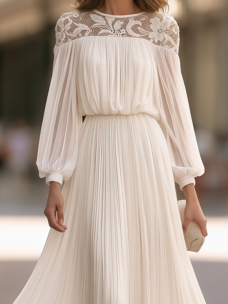 Lace Yoke Pleated Maxi Dress With Balloon Sleeves