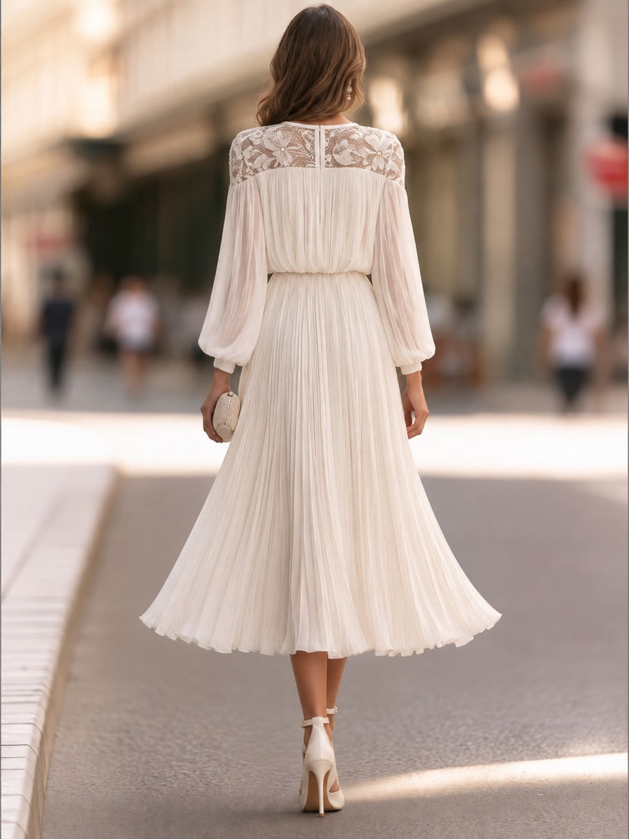 Lace Yoke Pleated Maxi Dress With Balloon Sleeves