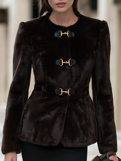 Round-Neck Faux Fur Jacket With Gold-Tone Toggle Clasps
