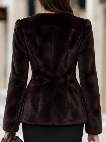 Round-Neck Faux Fur Jacket With Gold-Tone Toggle Clasps