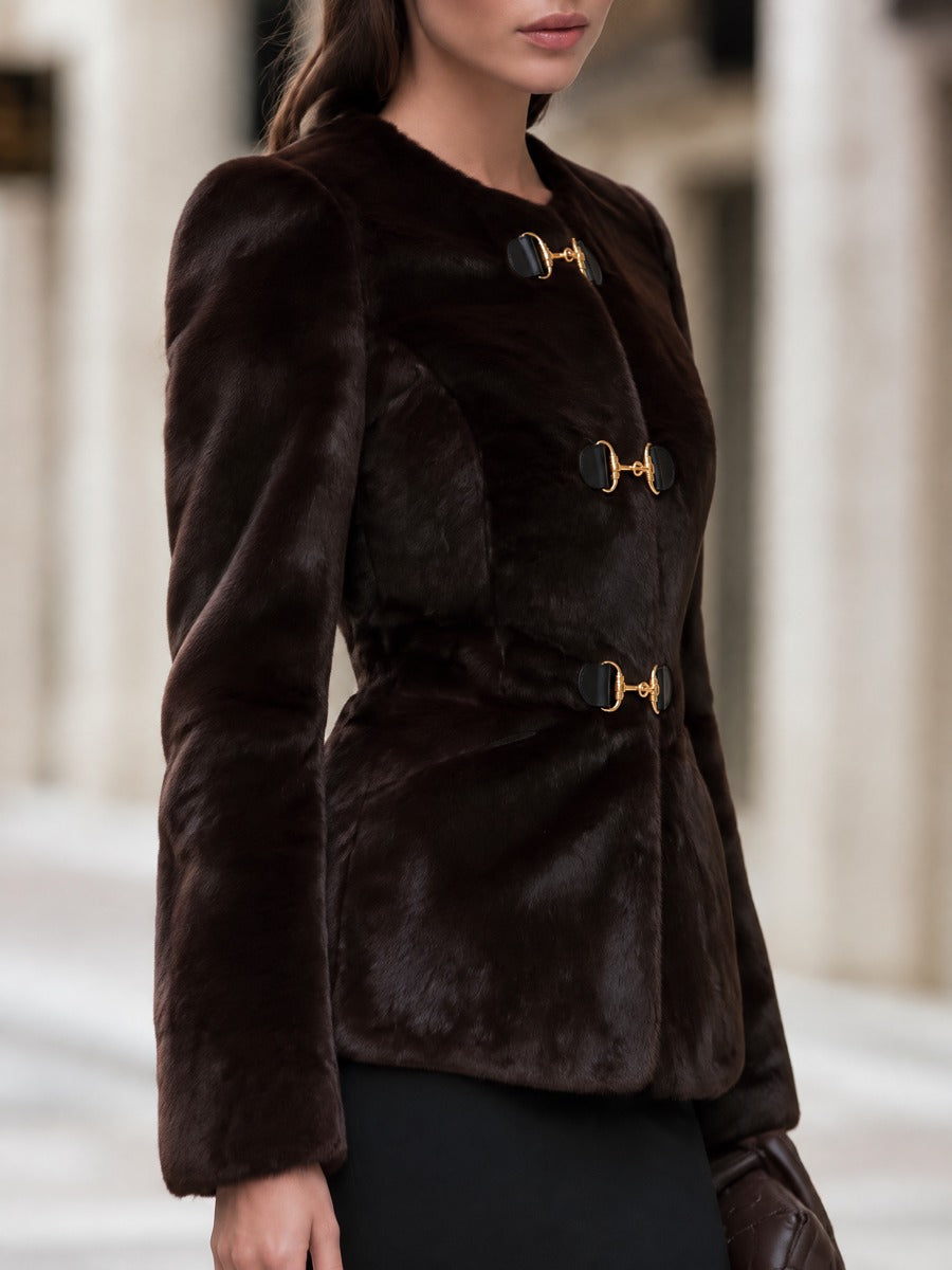 Round-Neck Faux Fur Jacket With Gold-Tone Toggle Clasps