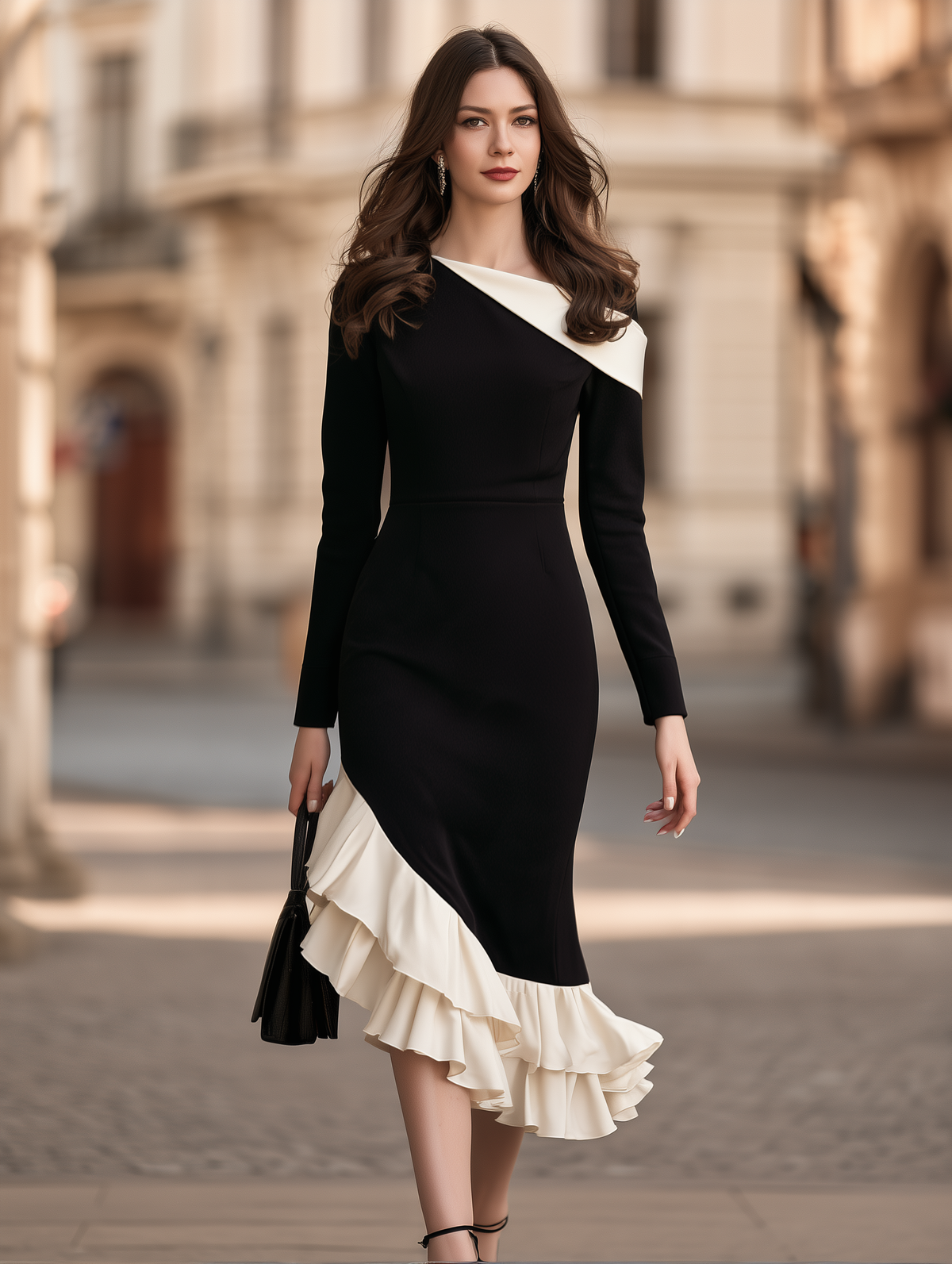 Contrast Ruffle Asymmetrical Midi Dress