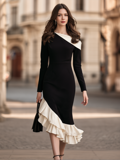 Contrast Ruffle Asymmetrical Midi Dress