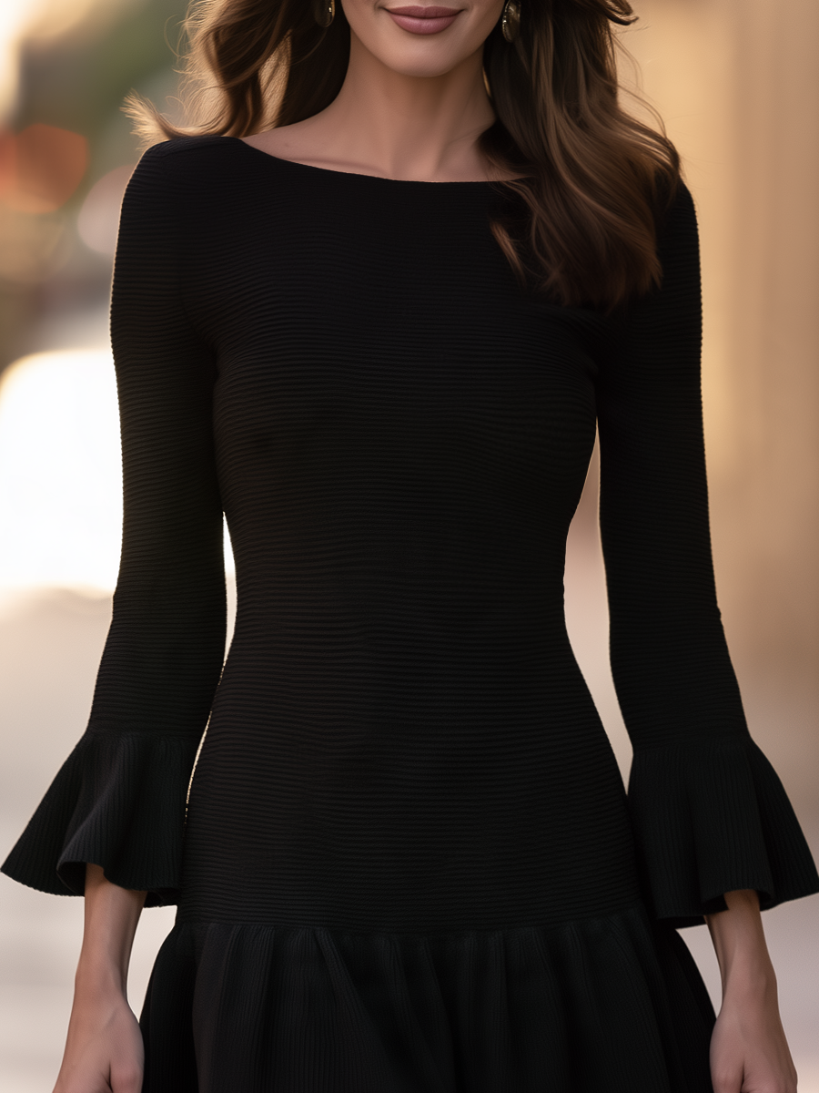 Boat Neck Mini Dress With Bell Sleeves And Drop-Waist Ruffle Skirt
