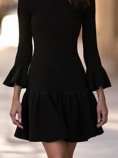 Boat Neck Mini Dress With Bell Sleeves And Drop-Waist Ruffle Skirt