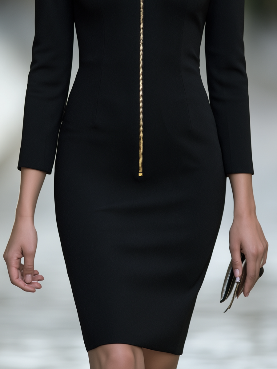 Boat Neck Sheath Dress With Front Zipper And Folded Collar