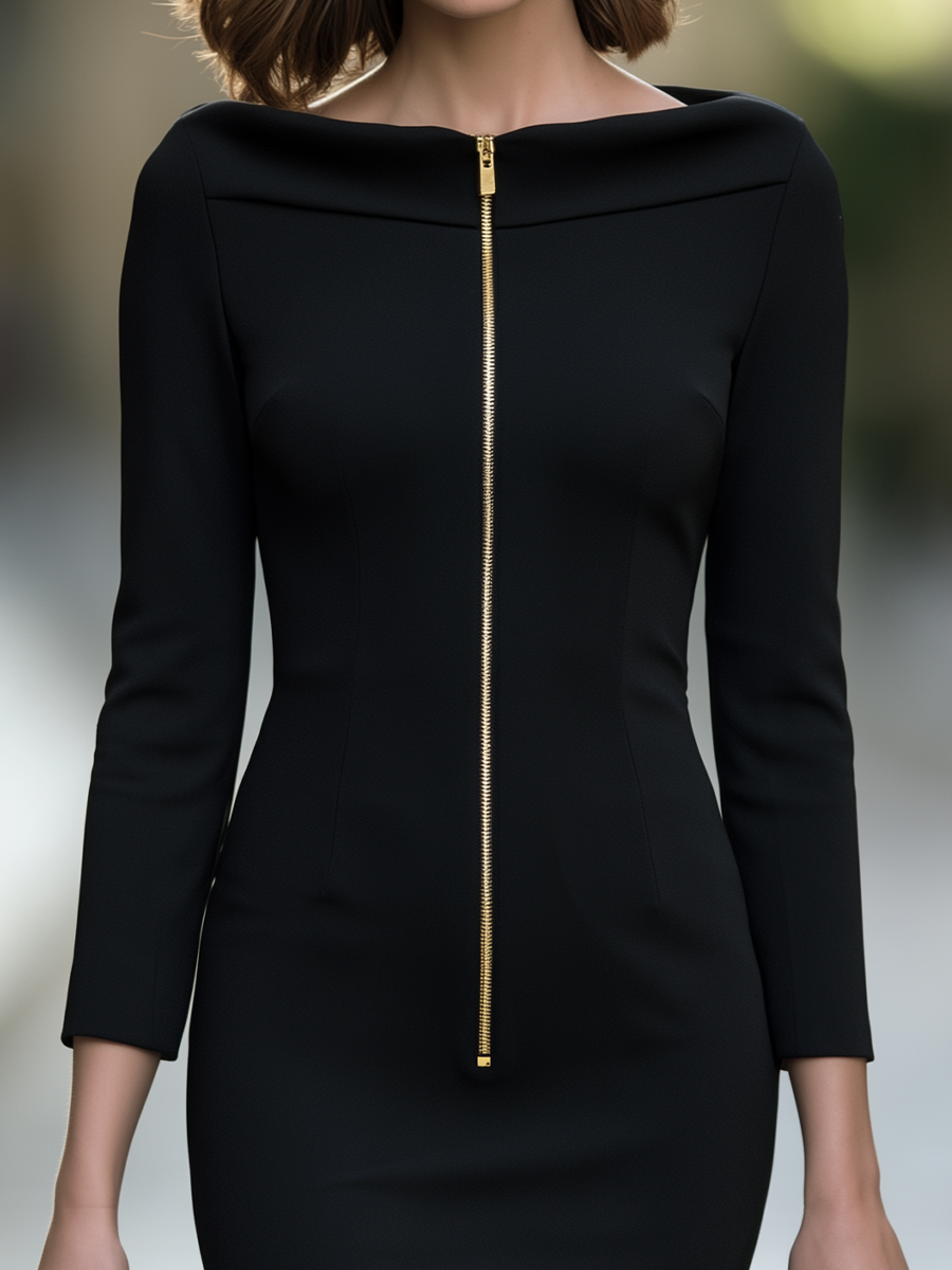 Boat Neck Sheath Dress With Front Zipper And Folded Collar