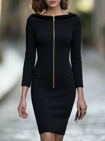 Boat Neck Sheath Dress With Front Zipper And Folded Collar