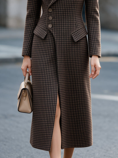 Houndstooth Tailored Lapel Woolen Midi Coat Dress