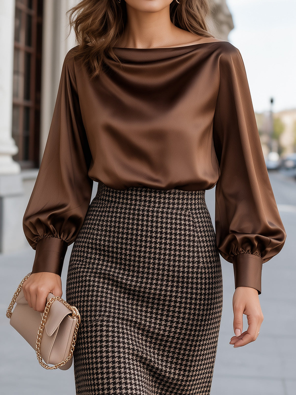 Satin Blouse And Houndstooth Pencil Skirt Two-Piece Set