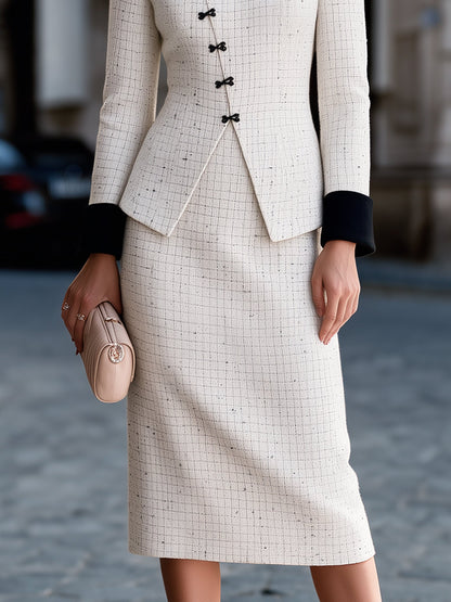 Asymmetric Bow-Trim Tweed Jacket And Midi Skirt Two-Piece Set