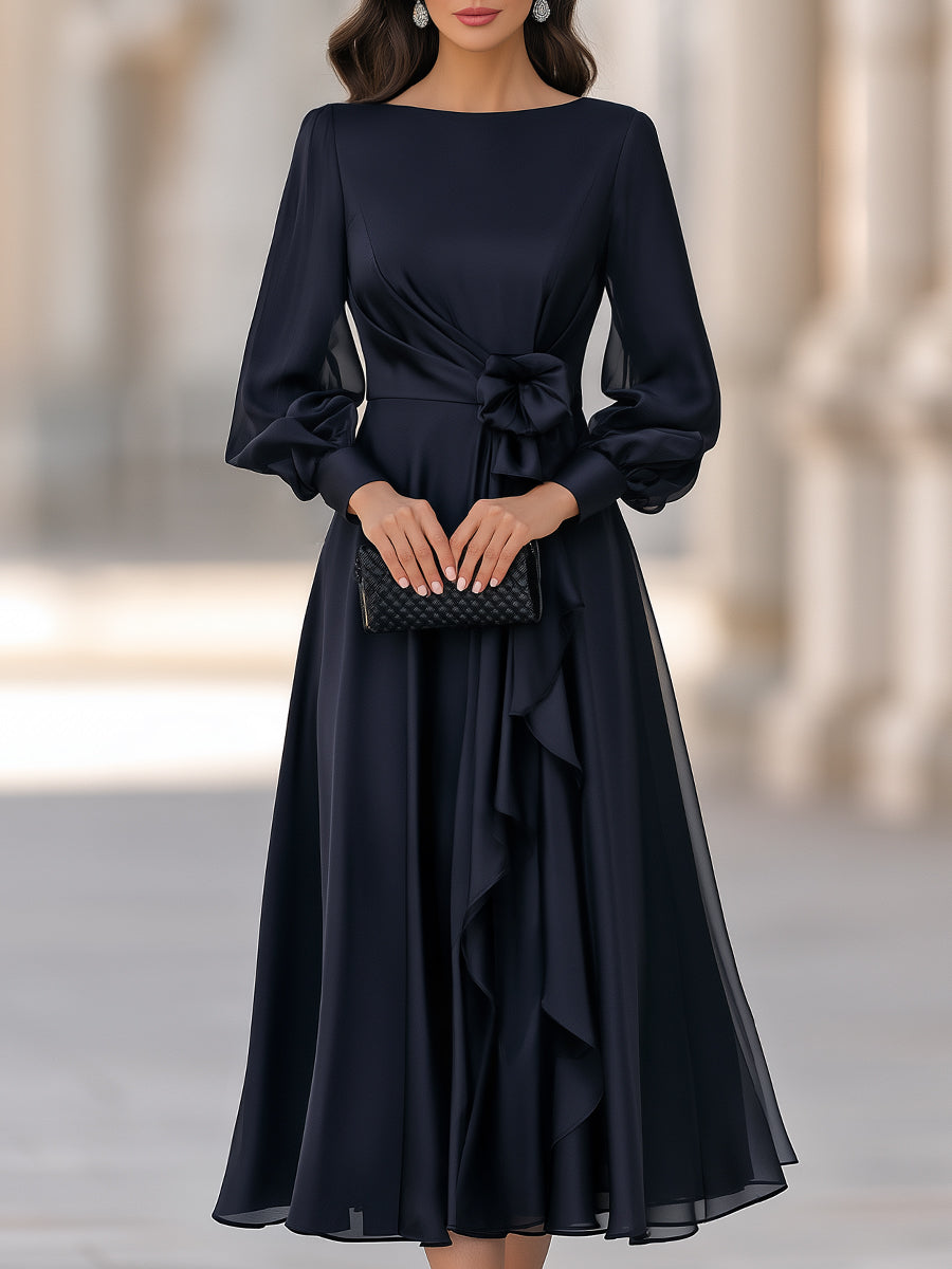 Floral Detail Lantern Sleeves Cascading Ruffle A-Line Midi Dress