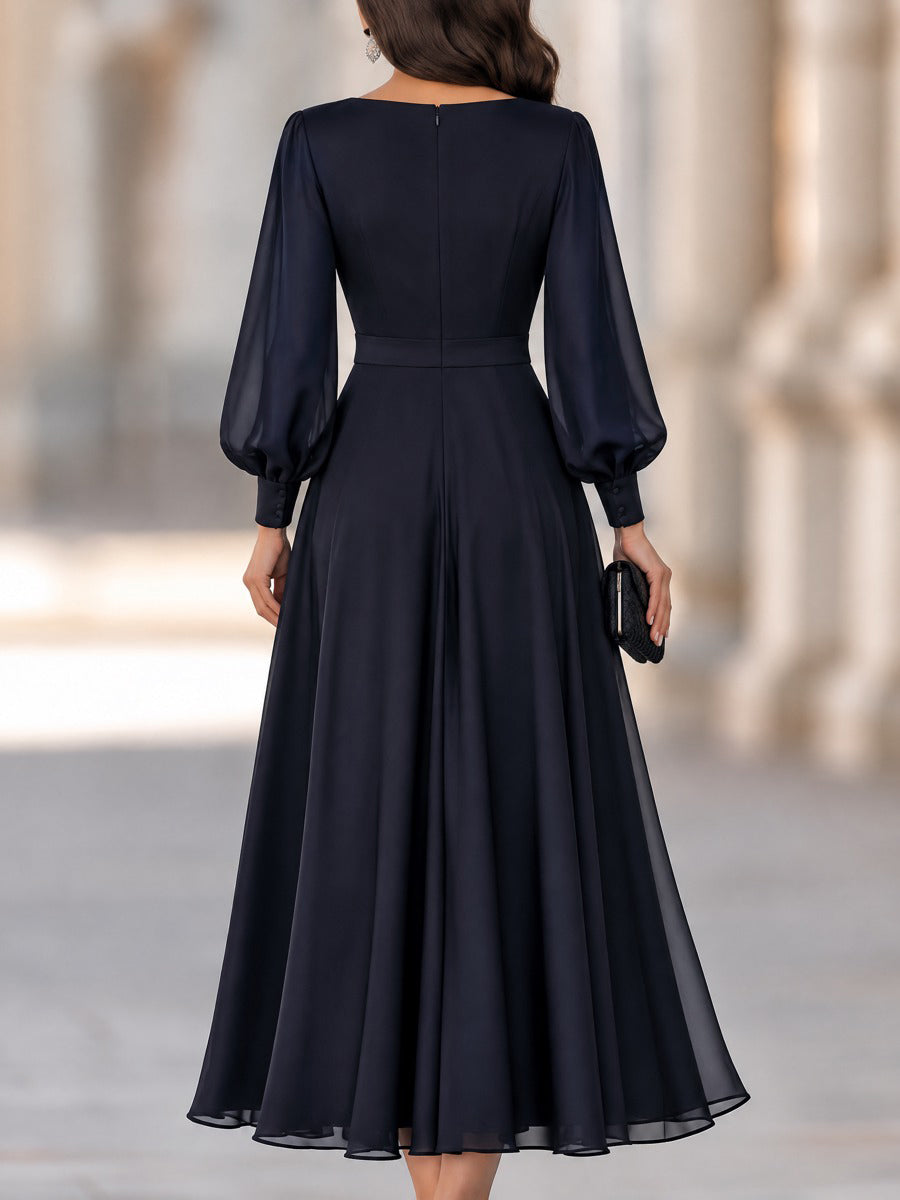 Floral Detail Lantern Sleeves Cascading Ruffle A-Line Midi Dress