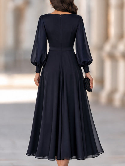 Floral Detail Lantern Sleeves Cascading Ruffle A-Line Midi Dress
