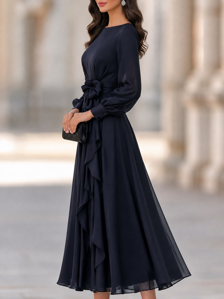 Floral Detail Lantern Sleeves Cascading Ruffle A-Line Midi Dress