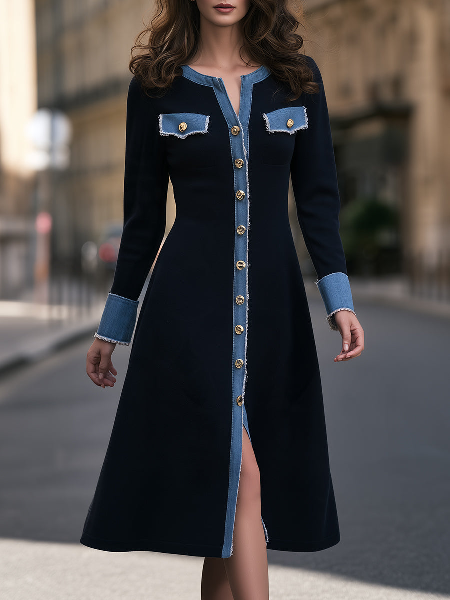 Denim-Trim Button-Front Midi Dress