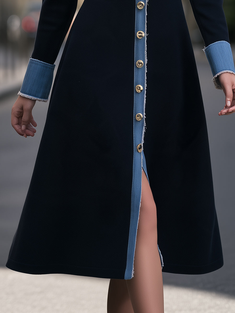 Denim-Trim Button-Front Midi Dress