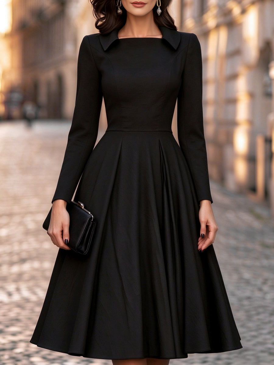 Collared Long Sleeve Pleated A-Line Midi Dress