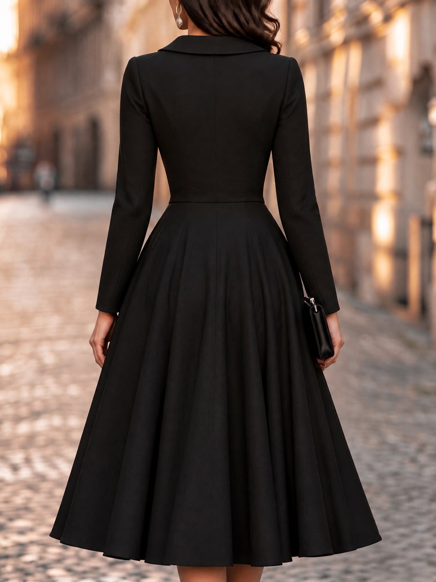 Collared Long Sleeve Pleated A-Line Midi Dress