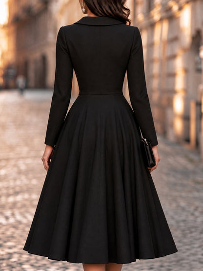 Collared Long Sleeve Pleated A-Line Midi Dress