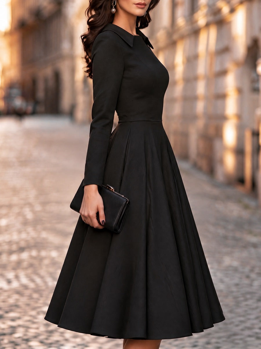 Collared Long Sleeve Pleated A-Line Midi Dress