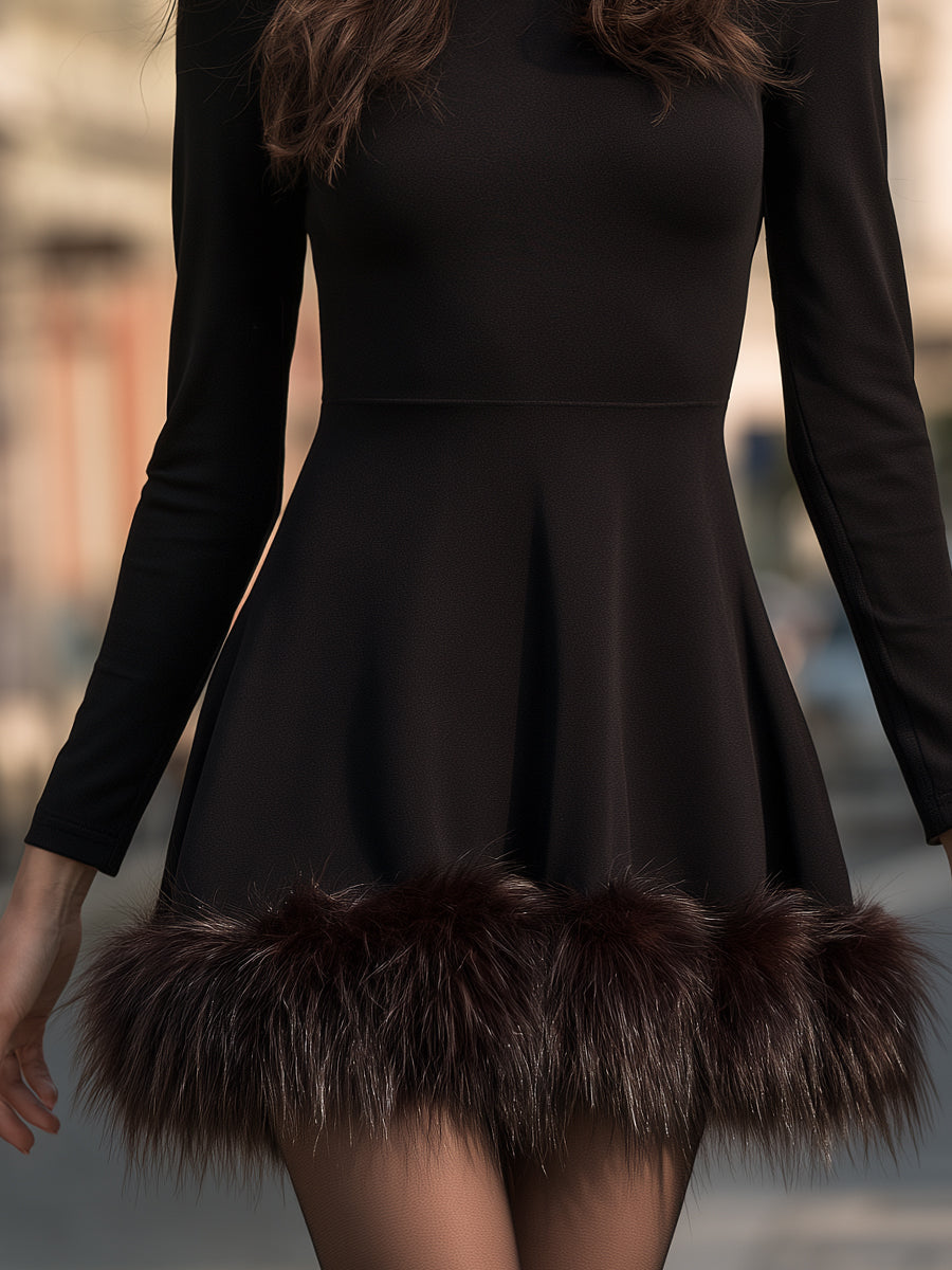 Faux-Fur Trim Long-Sleeve Mini Dress