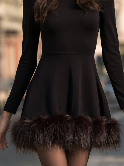 Faux-Fur Trim Long-Sleeve Mini Dress
